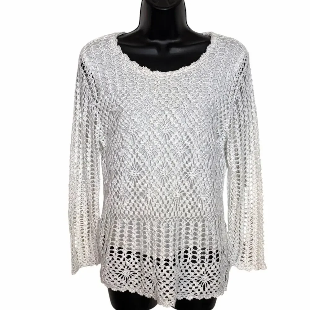 VTG Y2K Croft & Barrow Open Knit Crochet Sweater S White Boho Coastal Grandma